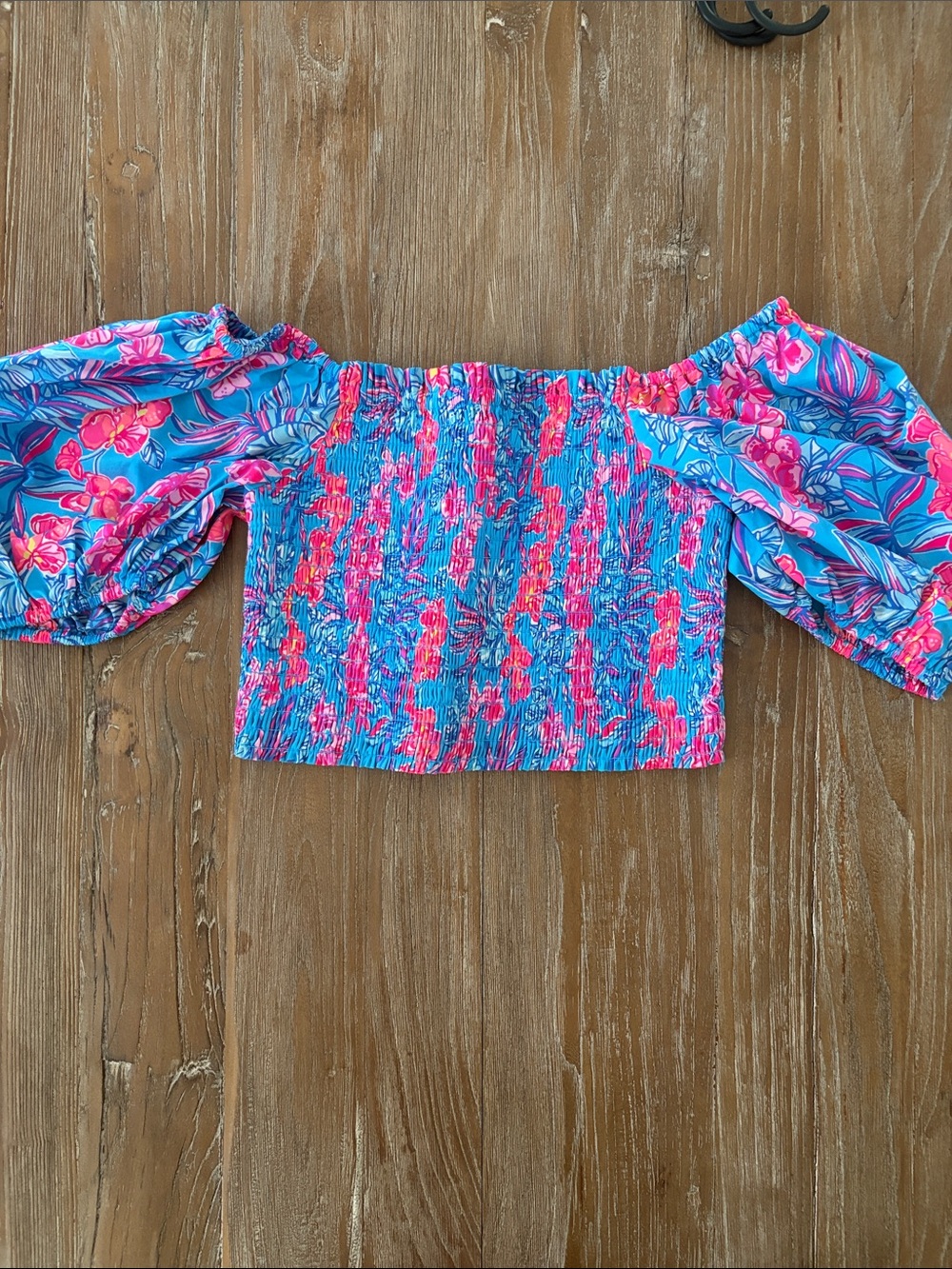 Lilly Pulitzer size small bright Blue & Pink Off-Shoulder Smocked Crop Top